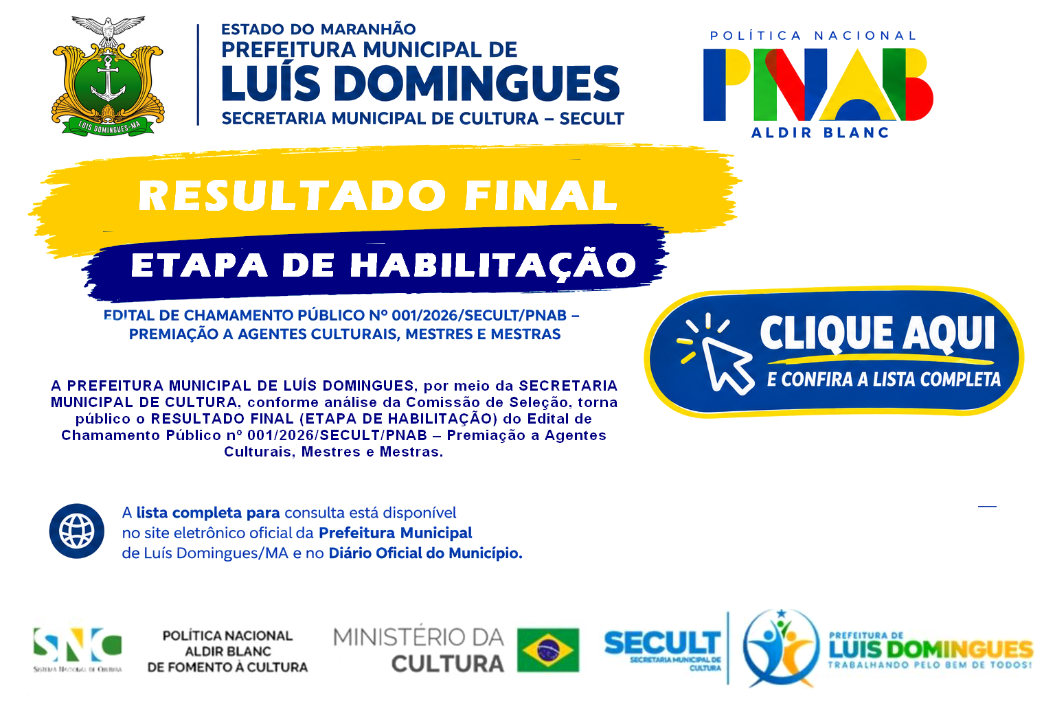 RESULTADO FINAL – ETAPA DE HABILITAÇÃO - EDITAL DE CHAMAMENTO PÚBLICO Nº 001/2026/SECULT/PNAB – PREMIAÇÃO A AGENTES CULTURAIS, MESTRES E MESTRAS